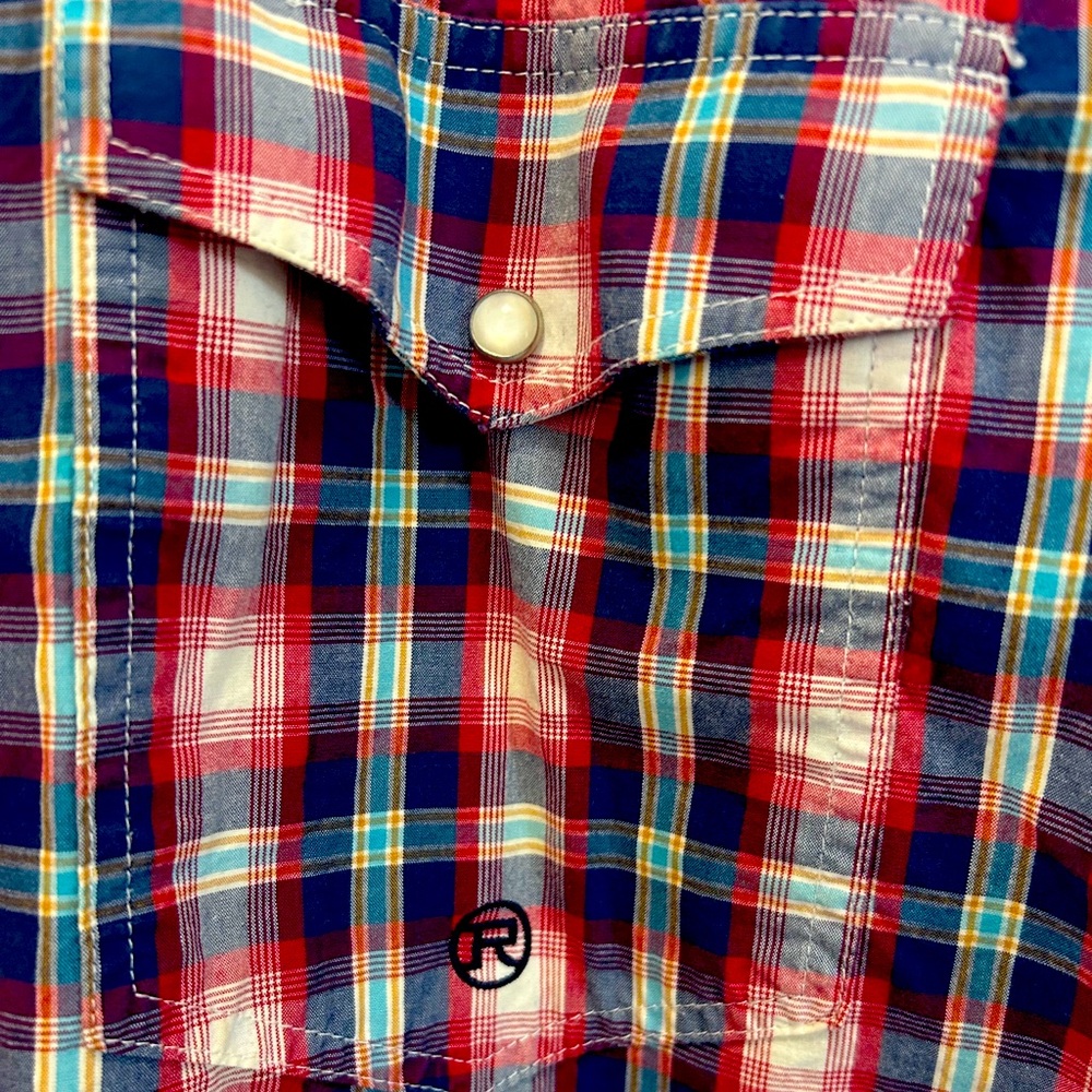 Men’s Roper short sleeve blue, red, yellow white plaid shirt.